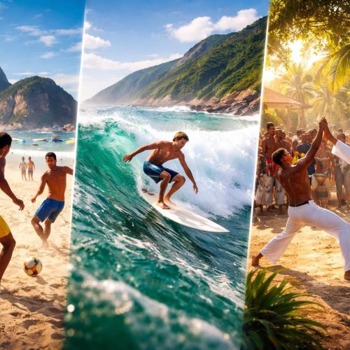Voyage Brésil sportif avec football Rio, surf Florianópolis et capoeira Bahia expérience authentique brésilienne